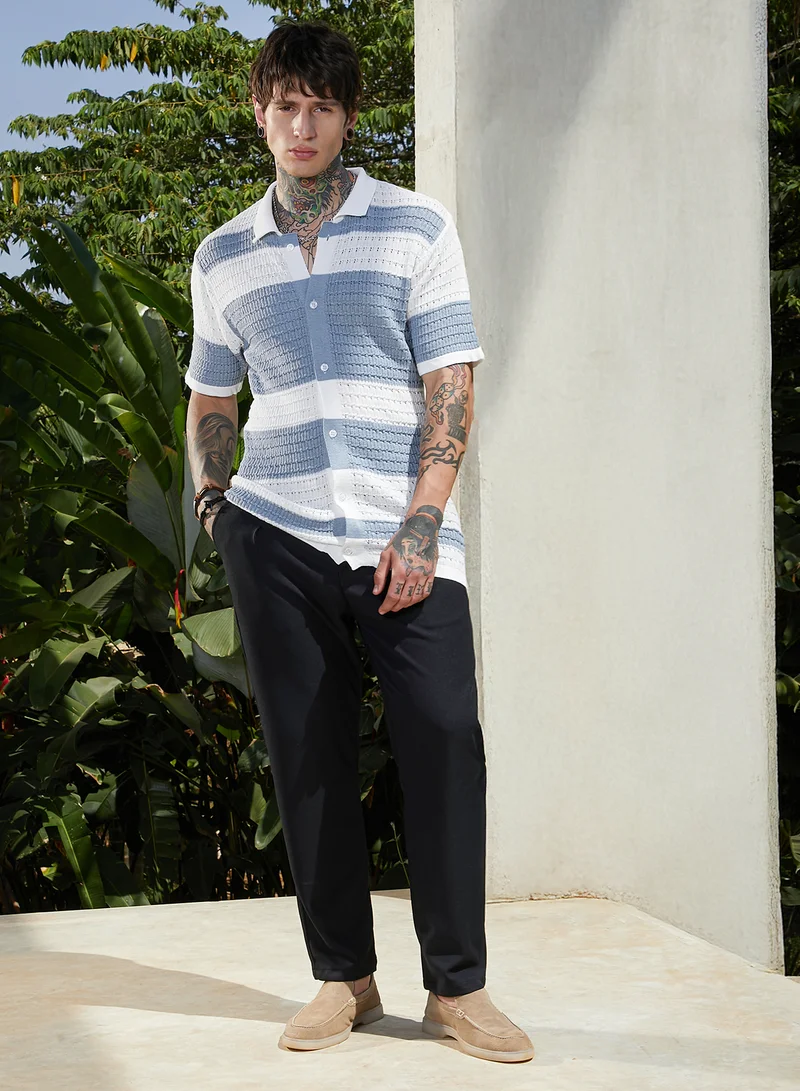 CAHOOT  Men's Icy Blue & Daisy White Panel-Knit Relaxed Shirt For Casual Wear | Polo Neck | Short Cuffed Sleeves | Button Closure | Shirt Crafted With Comfort Fit For Everyday Wear for Men | Best Price UAE